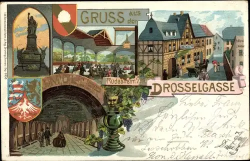 Litho Rüdesheim am Rhein Hessen, Drosselgasse, Weinkellerei Joh. Müller