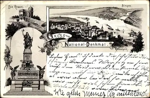 Litho Rüdesheim am Rhein Hessen, Nationaldenkmal, Die Rossel, Bingen