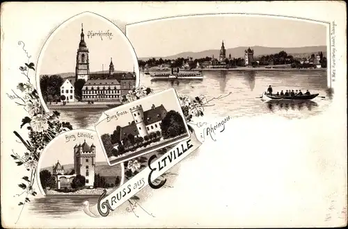 Litho Eltville am Rhein Hessen, Pfarrkirche, Burg Eltville, Burg Grass