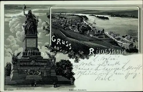 Mondschein Litho Rüdesheim am Rhein Hessen, Niederwalddenkmal