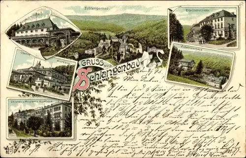 Litho Schlangenbad im Taunus Hessen, Nassauer Hof, Kurhaus, Eltviller Straße, Schweizerhaus