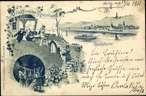 Litho Rüdesheim am Rhein Hessen, Weinstube, Rheindampfer