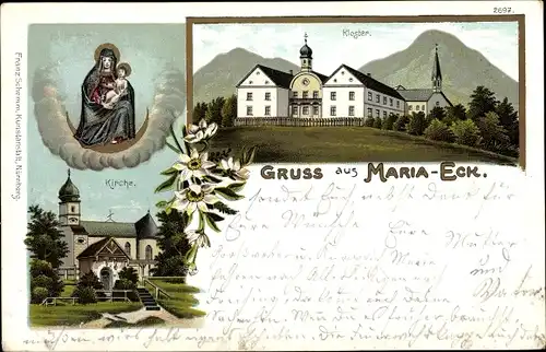 Litho Siegsdorf in Oberbayern, Kloster Maria Eck, Kirche, Gnadenbild