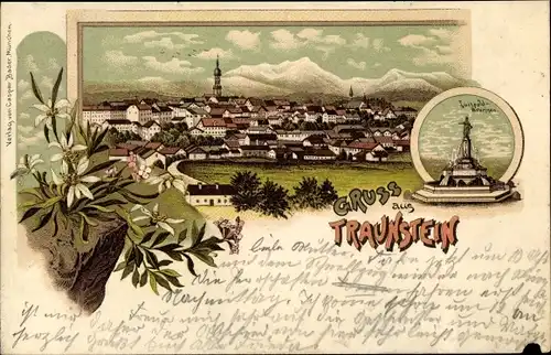 Litho Traunstein in Oberbayern, Luitpoldbrunnen, Gesamtansicht, Edelweiß