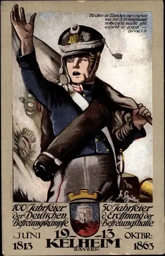 Künstler Ak Sailer, Kelheim an der Donau, 100 Jahrfeier Befreiungskämpfe 1913, Befreiungshalle