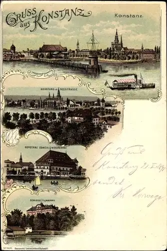 Litho Konstanz am Bodensee, Hafen, Seestraße, Conciliumsgebäude, Schloss Mainau