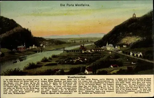 Ak Porta Westfalica in Nordrhein Westfalen, Totalansicht, Brücke, Westfalenlied, Berg