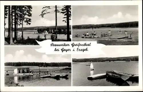 Ak Geyer im Erzgebirge Sachsen, Strandpartie, Bootsanlegestelle, Ruderboote, Panorama