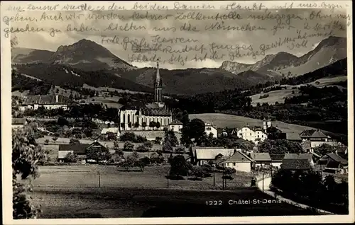 Ak Châtel Saint Denis Kt. Freiburg Schweiz, Kirche, Wohnhäuser, Berge