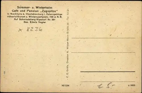 Ak Bärenburg Altenberg im Erzgebirge, Cafe und Pension Zugspitze, Bes. Erwin Vogler