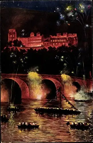 Künstler Ak Heidelberg am Neckar, Schlossbeleuchtung bei Nacht, Neckarpartie und Brücke