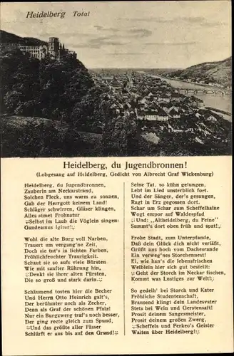 Ak Heidelberg am Neckar, Totalansicht vom Or, Lobgesang nach Gedicht von Graf Wickenburg