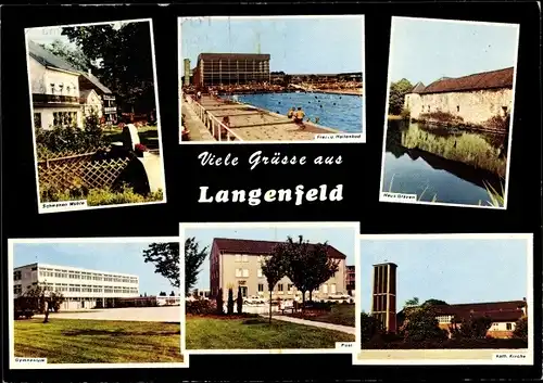 Ak Langenfeld Rheinland, Schwanenmühle, Frei u. Hallenbad, Haus Graven, Gymnasium, Post, kat. Kirche