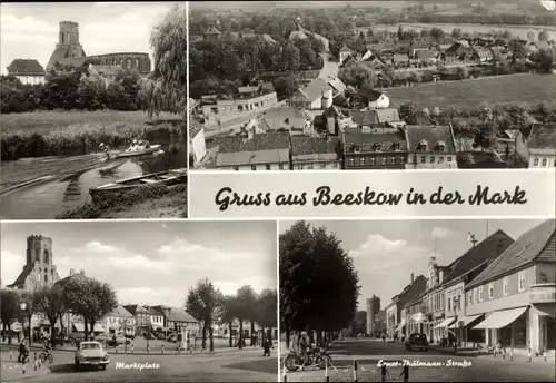 Ak Beeskow Brandenburg, Panorama, Uferpartie, Kirchenruine, Marktplatz, Ernst Thälmann Straße