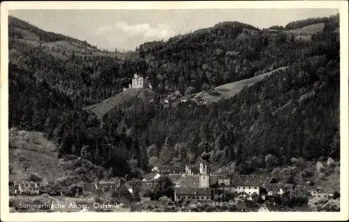 Ak Anger Steiermark, Blick auf den Ort, Berge, Wald, Kirche, Ruine