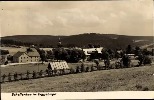 Ak Schellerhau Altenberg im Erzgebirge, Kirche und Wohnhäuser im Ort, Panorama