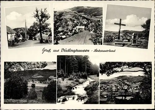 Ak Düdinghausen Medebach im Hochsauerlandkreis, Ortsansichten mit Kirche, Jesuskreuz, Bachpartie