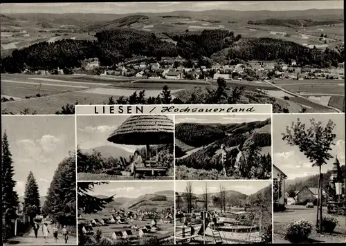 Ak Liesen Hallenberg in Nordrhein Westfalen, Panorama vom Ort, Wald, Hügellandschaft, Spielplatz