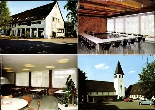 Ak Hagen in Westfalen, Ev. Freizeitheim, Außen- u. Innenansicht, Blick auf die Kirche