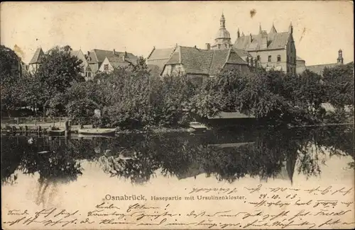 Ak Osnabrück in Niedersachsen, Hasepartie mit Ursulinenkloster, Häuser, Bäume