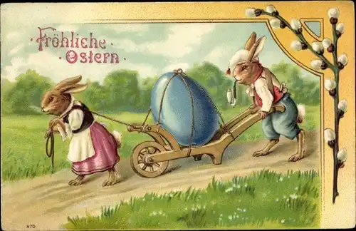 Präge Ak Glückwunsch Ostern, Osterhasen, Osterei, Weidenkätzchen