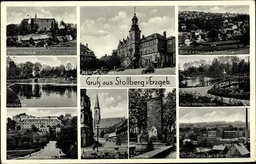 Ak Stollberg im Erzgebirge, Strumpffabrik Louis Bahner, Schloss Hoheneck, Krankenhaus, Rathaus
