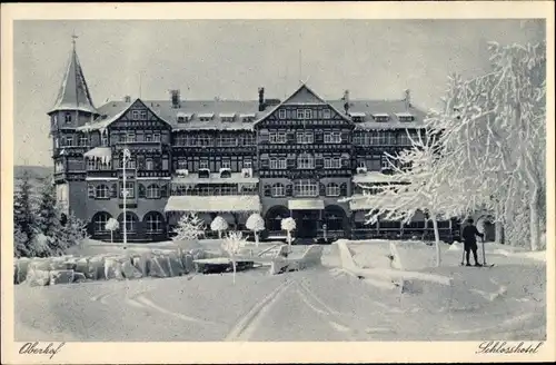 Ak Oberhof im Thüringer Wald, Schlosshotel, Skifahrer, Schneelandschaft