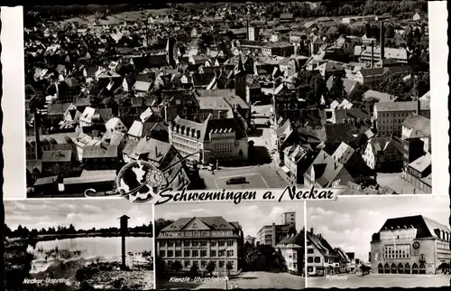 Ak Villingen Schwenningen Schwarzwald, Panorama v. Ort, Kienzle Uhrenfabrik, Neckarursprung, Rathaus