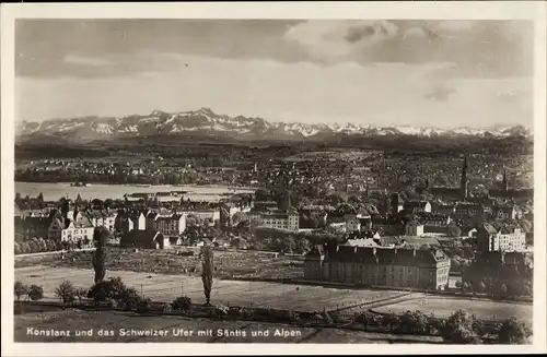 Ak Konstanz am Bodensee, Panorama vom Ort u. das Schwizer Ufer m. Säntis u. Alpen