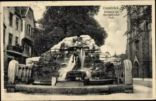 Ak Osnabrück in Niedersachsen, Brunnen am Herrenteichswall, Kirche