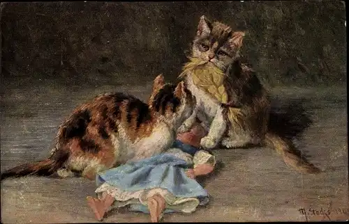 Künstler Ak Stocks, M., Zwei Katzen spielen mit einer Puppe