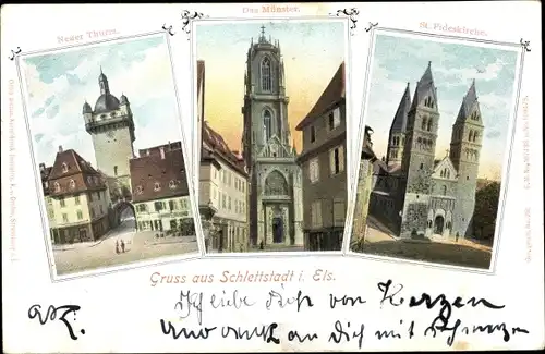 Ak Sélestat Schlettstadt Elsass Bas Rhin, Neuer Turm, Münster, St. Fideskirche