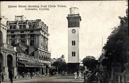 Ak Colombo Ceylon Sri Lanka, Queen Street showing Fort Clock Tower