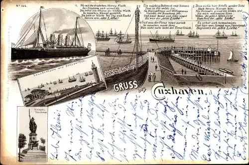 Litho Cuxhaven in Niedersachsen, Alte Liebe, Leuchtturm, Seepavillon, Kriegerdenkmal