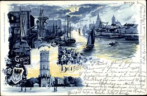 Litho Duisburg im Ruhrgebiet, Hafen im Mondschein, Turm, Wappen