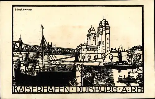 Künstler Ak Heidemann, E. E., Duisburg im Ruhrgebiet, Kaiserhafen, Brücke