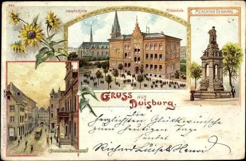 Litho Duisburg im Ruhrgebiet, Josephskirche, Mittelschule, Poststraße, Reichspost, Mercator Denkmal