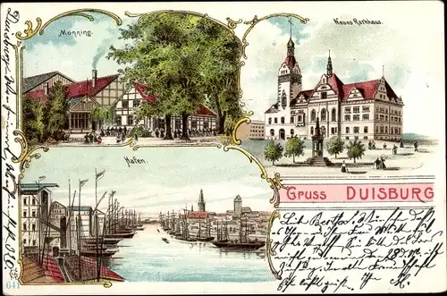 Litho Duisburg im Ruhrgebiet , Monning, Neues Rathaus, Hafen