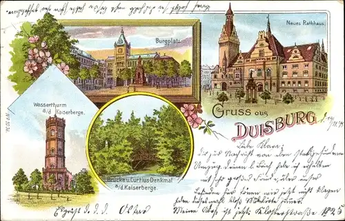 Litho Duisburg im Ruhrgebiet, Burgplatz, Wasserturm Kaiserberg, Neues Rathaus