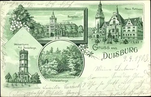 Litho Duisburg im Ruhrgebiet, Burgplatz, Wasserturm Kaiserberg, Neues Rathaus