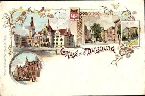 Litho Duisburg im Ruhrgebiet, Rathaus, Wappen, Königstraße, Tonhalle, Post