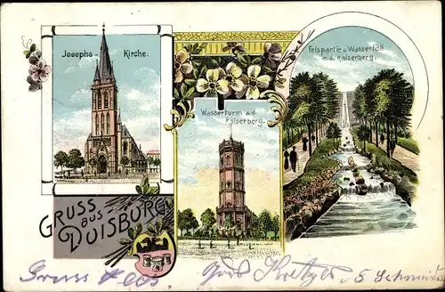 Litho Duisburg im Ruhrgebiet, Josephskirche, Wasserturm Kaiserberg, Wasserfall