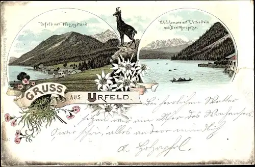 Litho Urfeld Kochel am See Oberbayern, Herzogstand, Walchensee, Wetterstein, Dreithorspitze