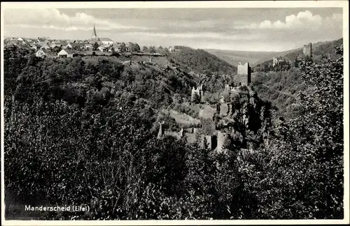 Ak Manderscheid in der Eifel Rheinland Pfalz, Ruine, Turm, Burg, Kirche, Wohnhäuser, Wald