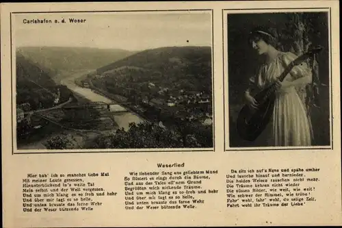 Ak Bad Karlshafen an der Oberweser Hessen, Weserlied, Brücke, Wohnhäuser, Fluss