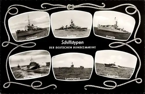 Ak Deutsche Kriegsschiffe, Schiffstypen der Bundesmarine, Geleitboot, Zerstörer, Korvette