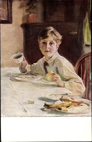 Künstler Ak Laszlo, Philipp von, Das Frühstück, EAS 175, Junge beim Essen, Bananenschalen