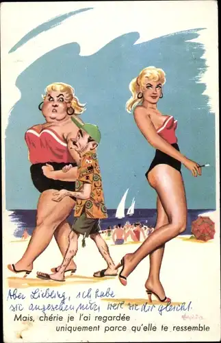 Künstler Ak Mann mit dicker Frau am Strand, dünne Frau in gleichem Badeanzug