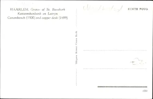 Ak Haarlem Nordholland Niederlande, St. Bavokerk, Kanunnikenbank en Lutryn