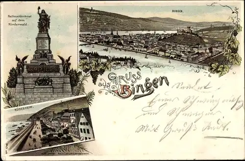 Litho Bingen am Rhein, Teilansicht vom Ort, Flussufer, Nationaldenkmal auf dem Niederwald, Rüdesheim